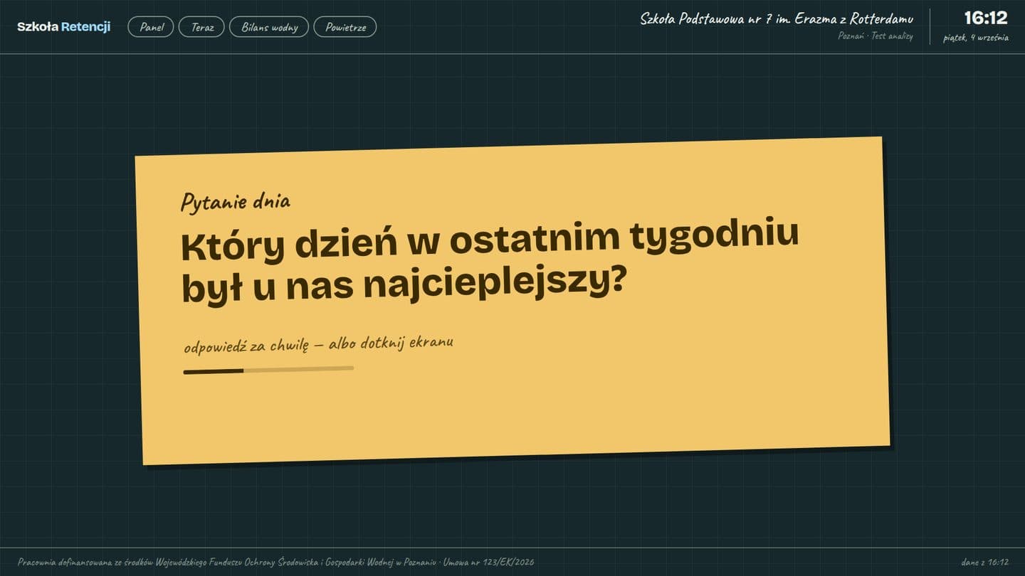 Pytanie dnia na żółtej karteczce: „Który dzień w ostatnim tygodniu był u nas najcieplejszy?”, odpowiedź po chwili albo po dotknięciu ekranu.